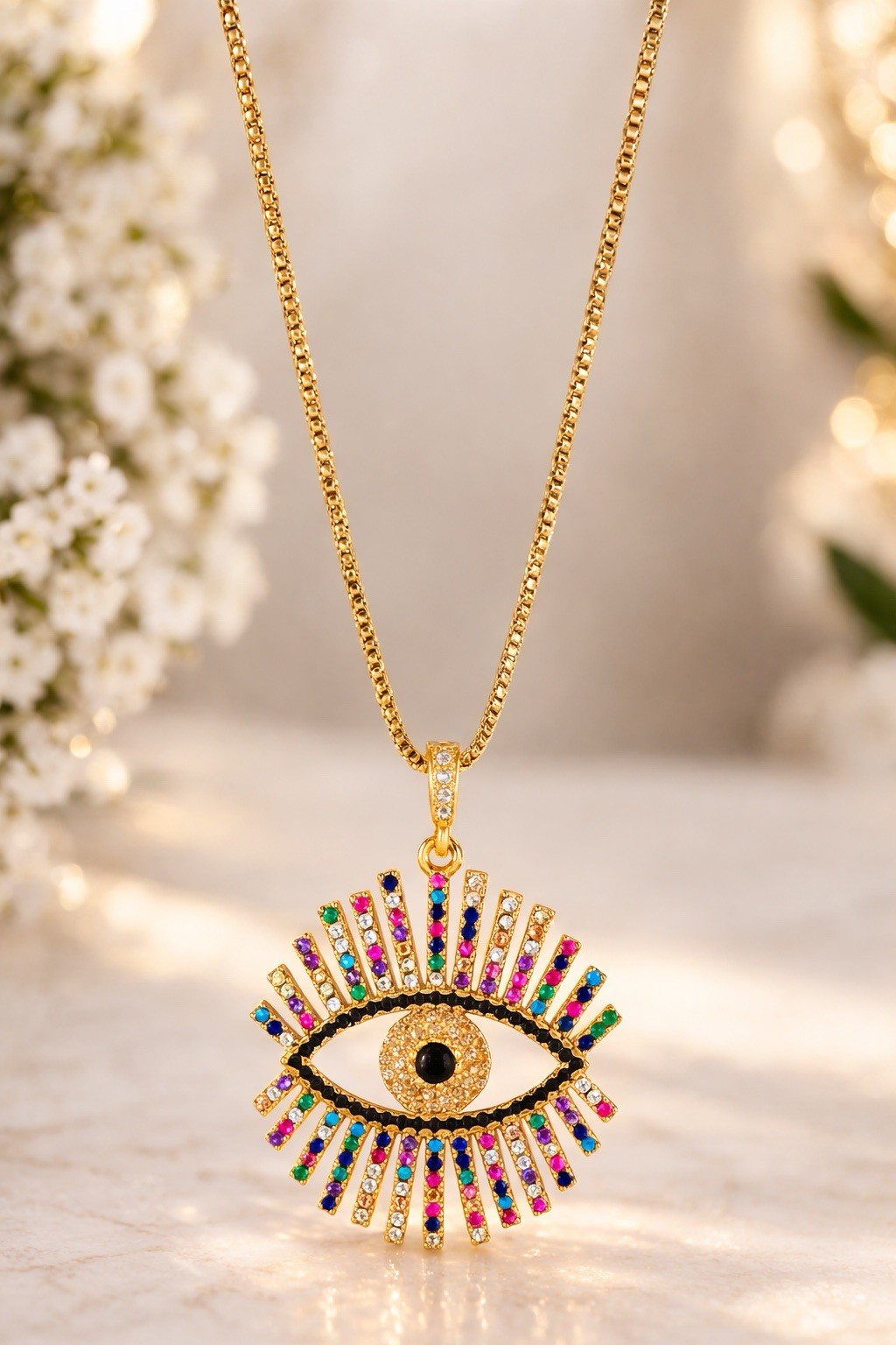 Gold Tone Multicolor Rhinestone Evil Eye Pendant Necklace
