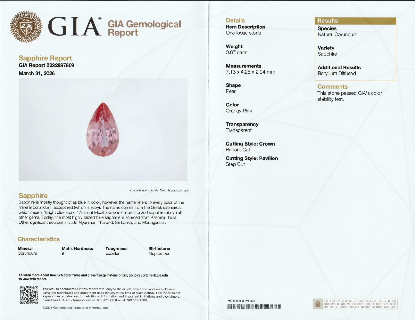 GIA Orangy Pink Sapphire Pear. 0.67 Carats 7.1 x 4.2 mm VSI, Beryllium Diffused