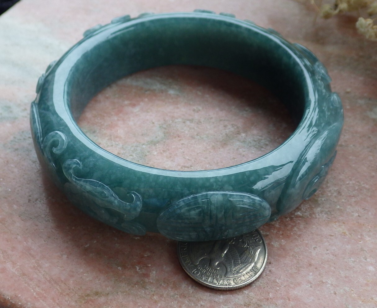 Certified Blue Green JADE Jadeite Dragon Phoenix Bangle Bracelet 69mm 589283 AS