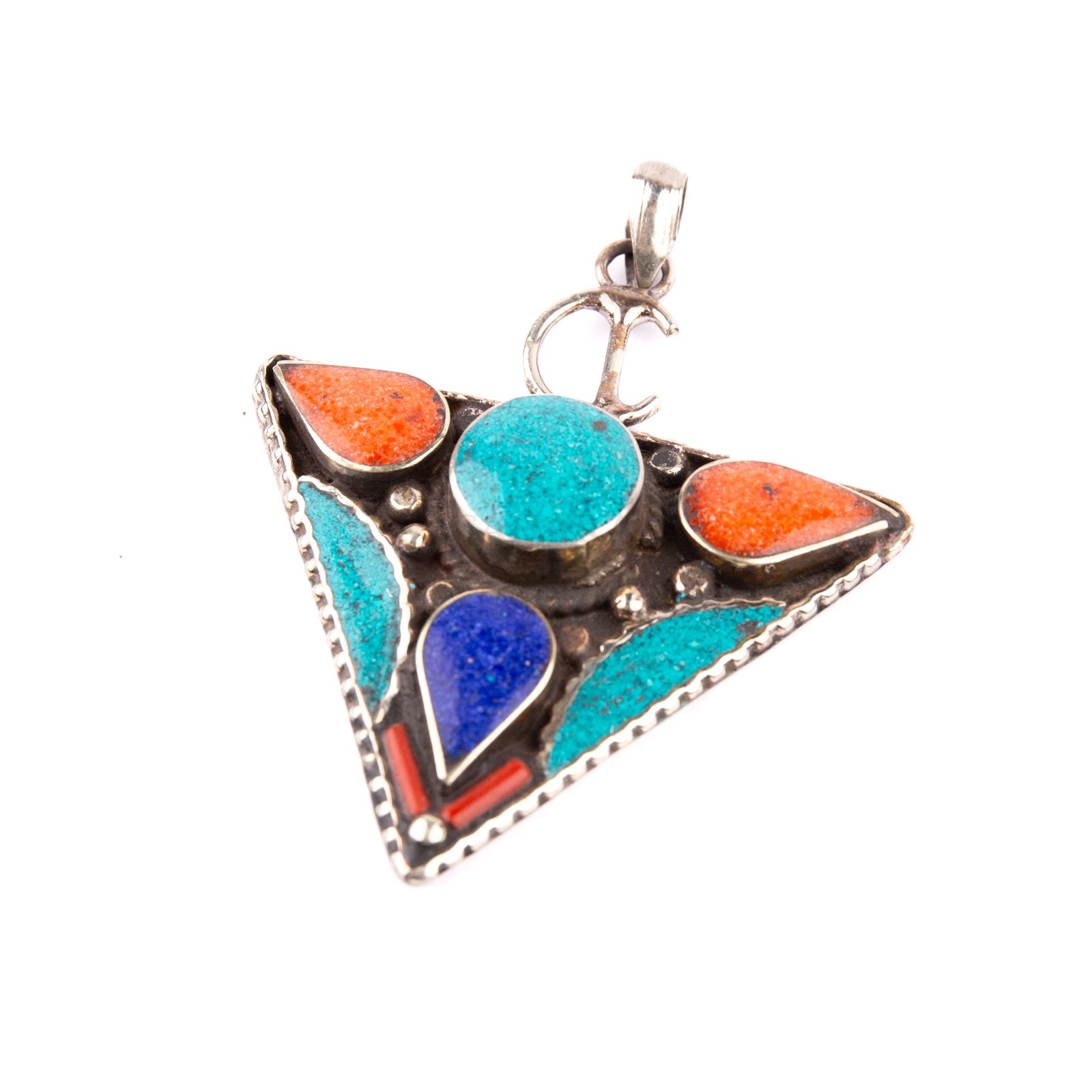 Tibetan Pendant, Tazerzit Pendant, Turquoise Stone Amulet, Coral & Lapis Lazuli