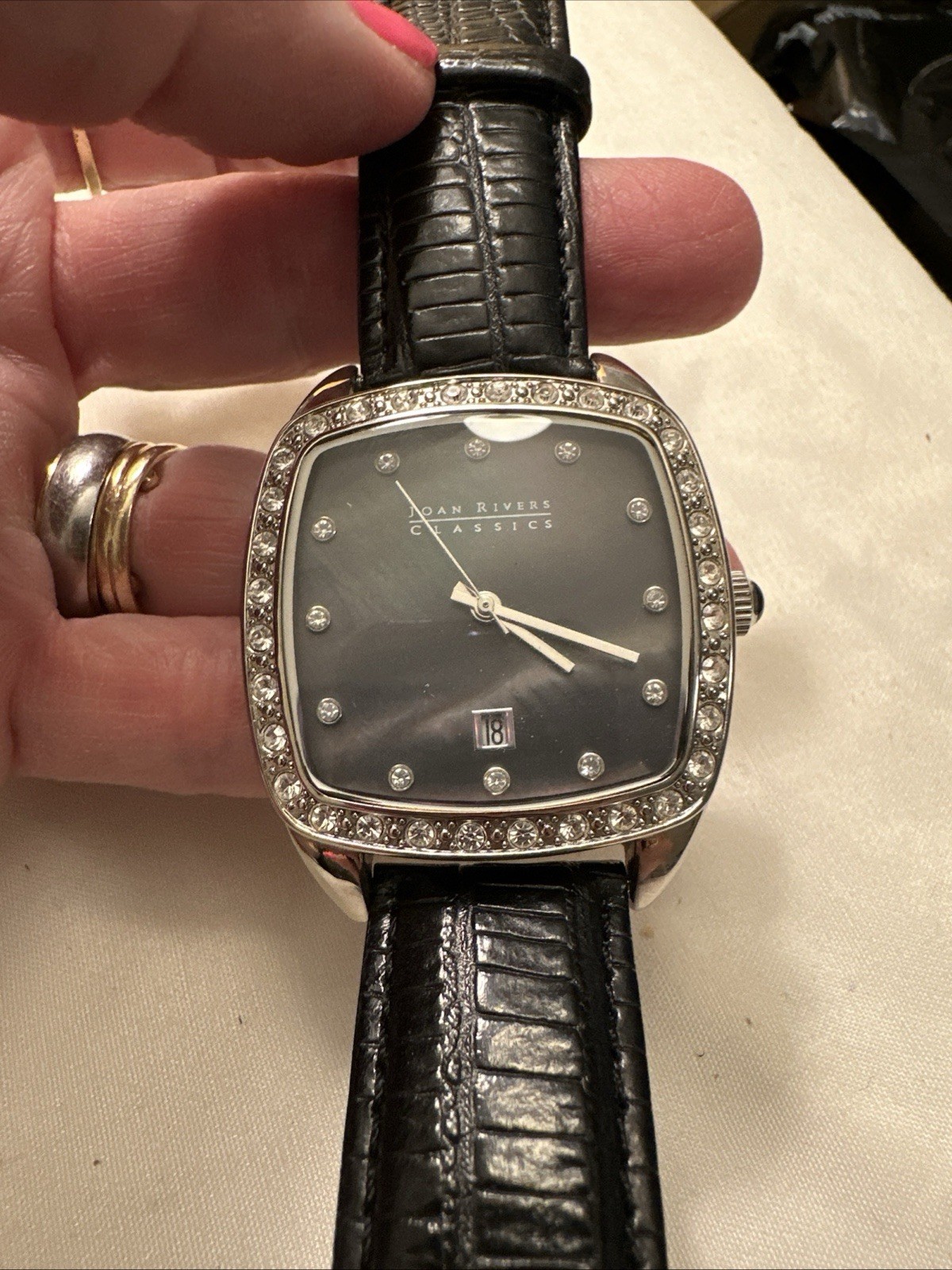 Vtg Joan Rivers Watch V377 Classics Black Leather Band New Battery Square Face