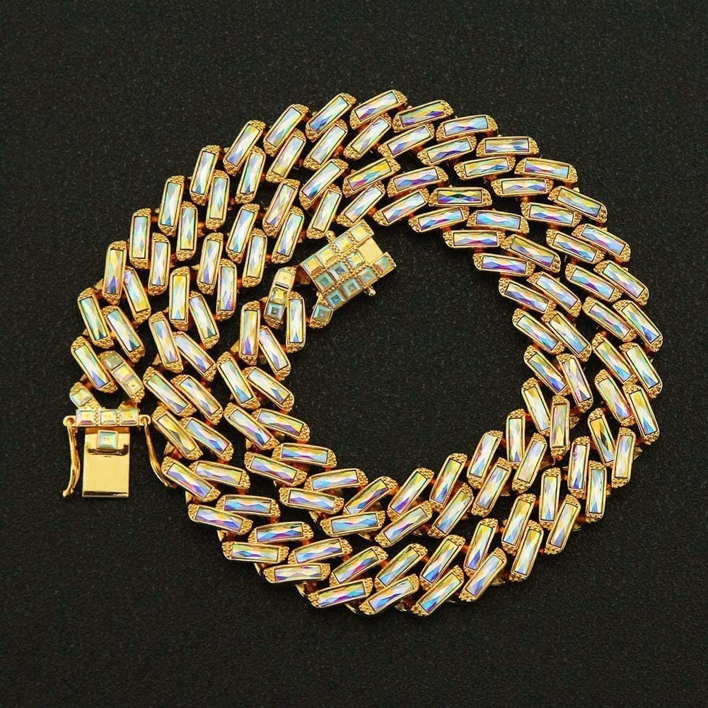 15mm Colorful Iced Out Gold Plated Hip Hop Cuban Link Chain Bracelet & Necklace