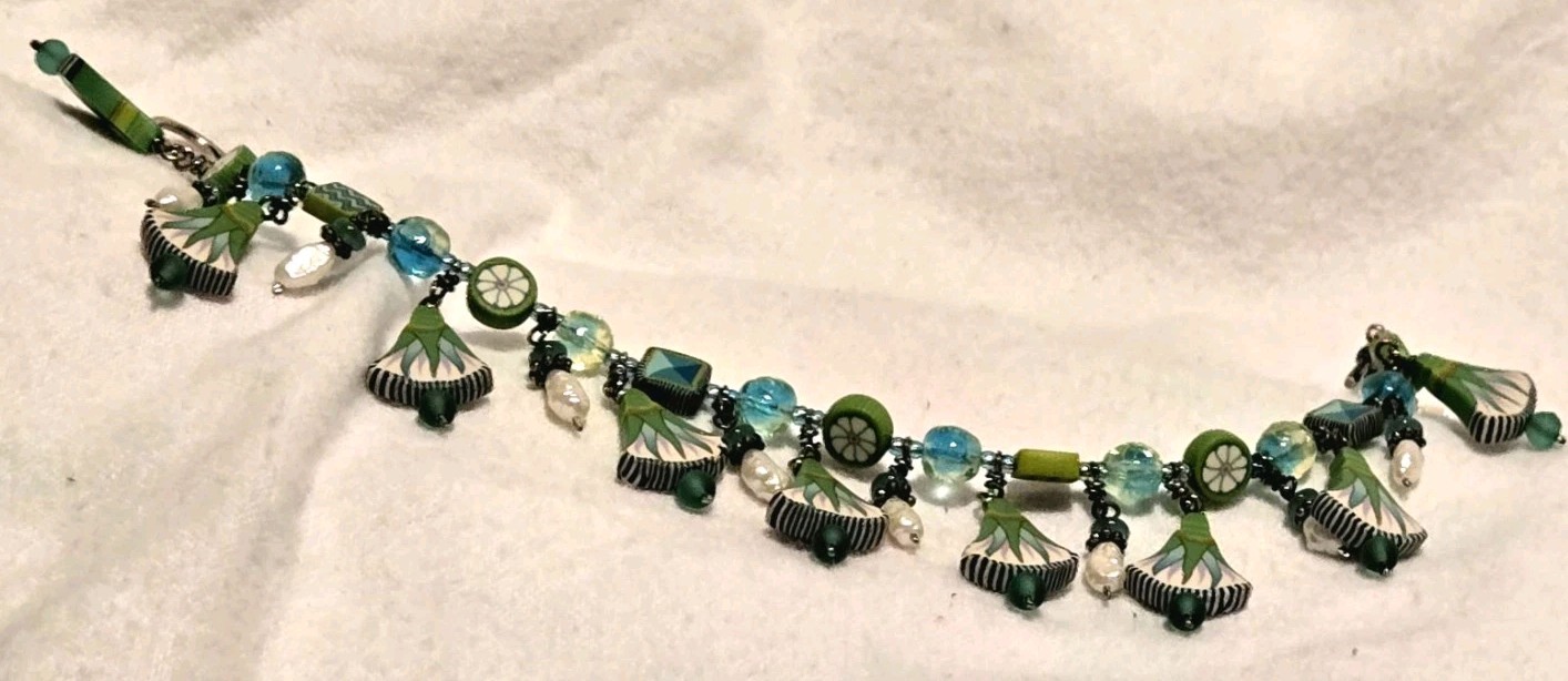 ​Designer Boho Chic Green Millefiori & Pearl Dangle Charm Toggle Bracelet