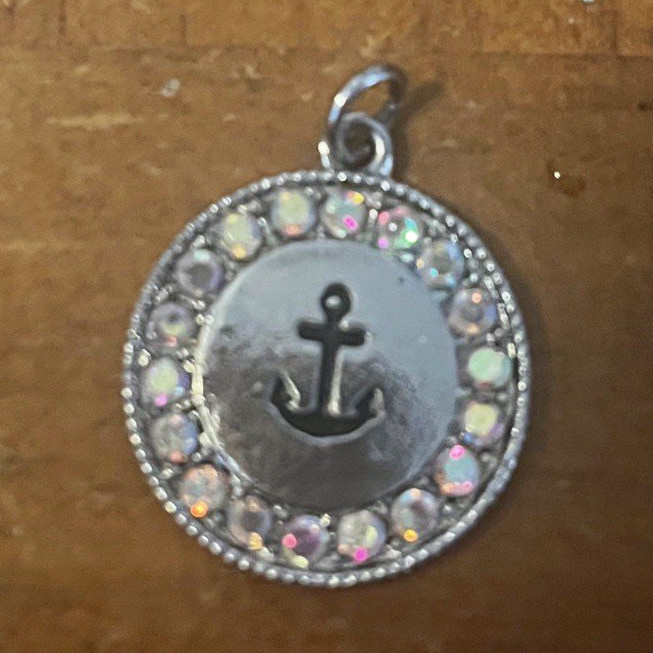 Round Nautical Anchor Charm Pendant, Silver Tone Crystal Rhinestone Halo