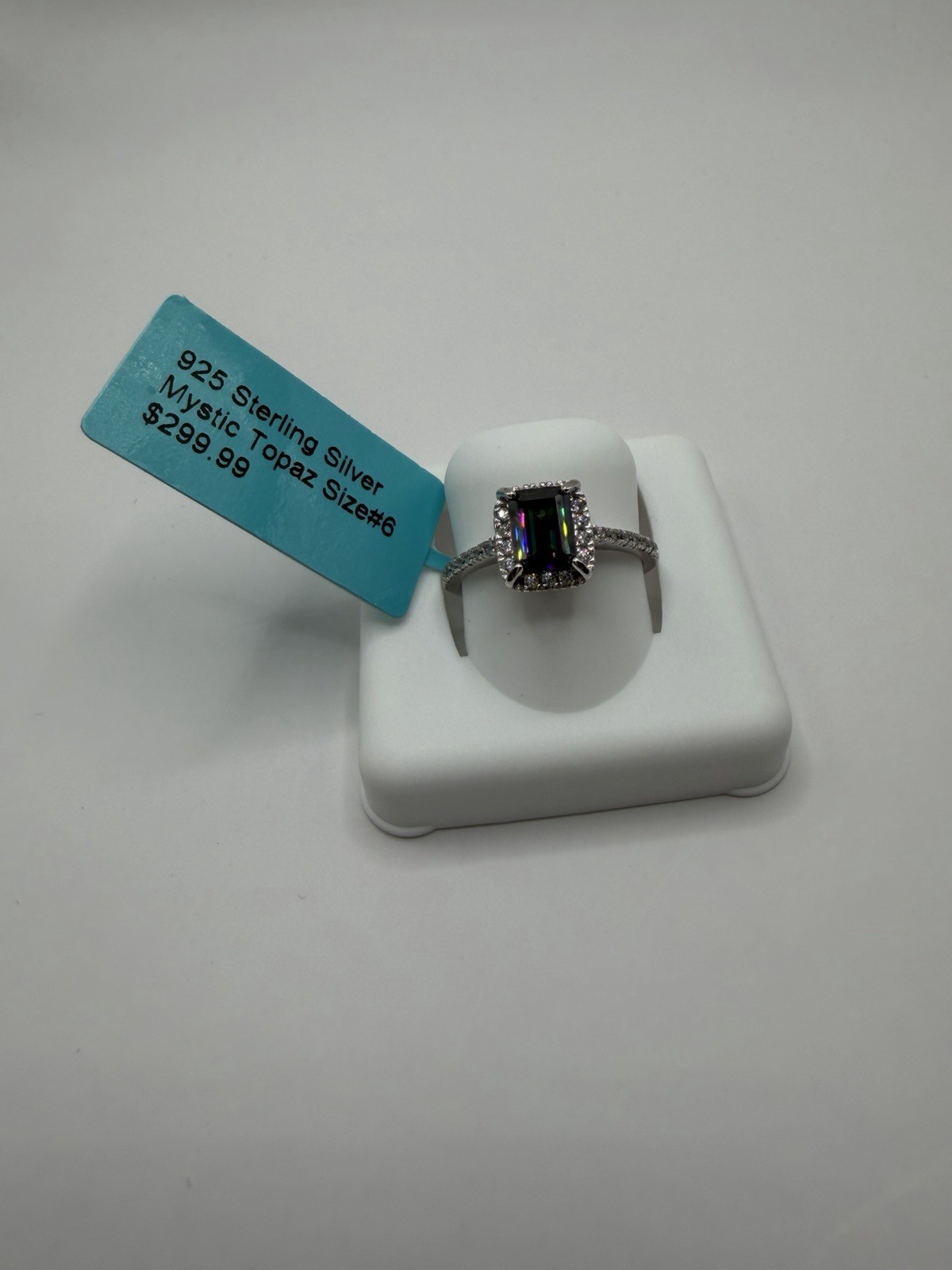 Stamped 925 Sterling Silver Mystic Topaz Emerald Prong Halo Ring Size 6
