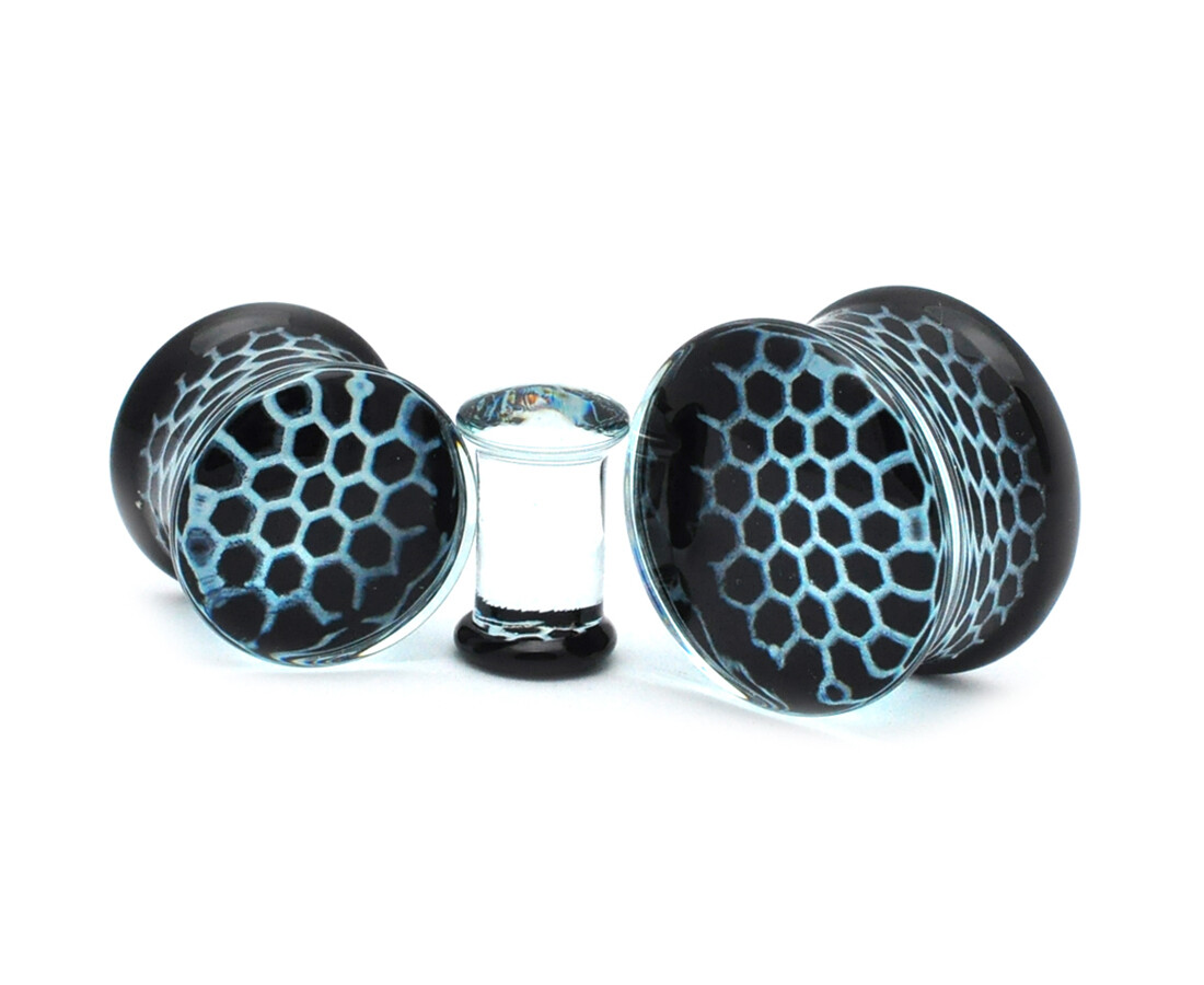 Black Honeycomb Glass Plugs (PG-548) gauges PICK YOUR SIZE