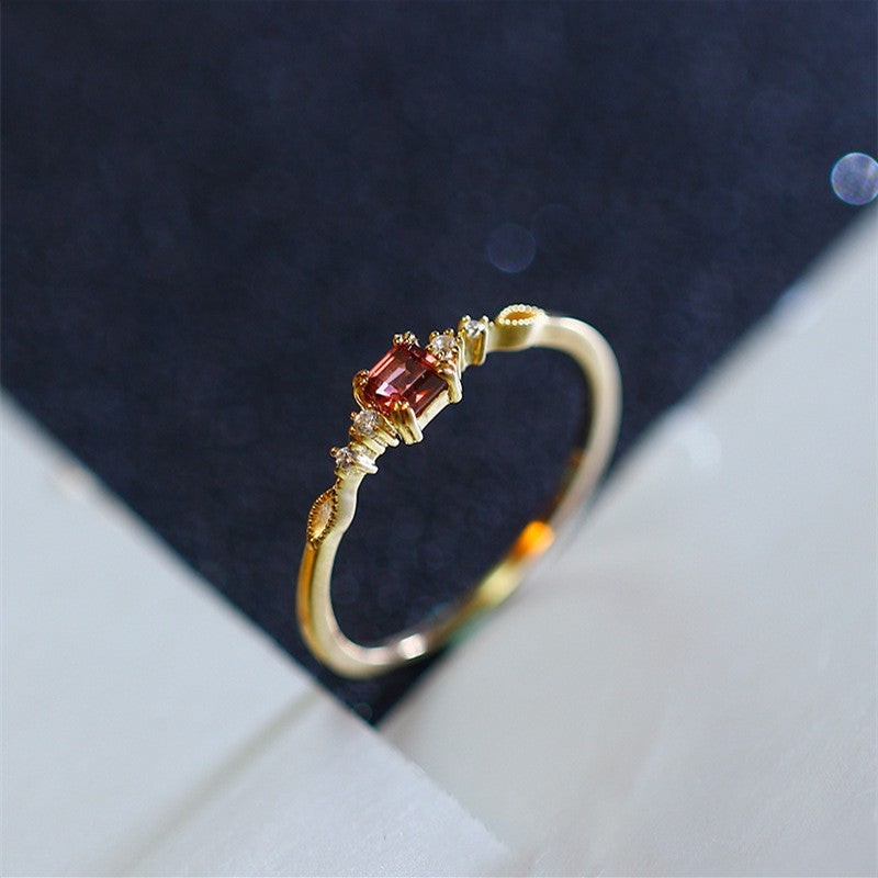 Gold Vintage Garnet Stone Thin Band Ring in Sterling Silver