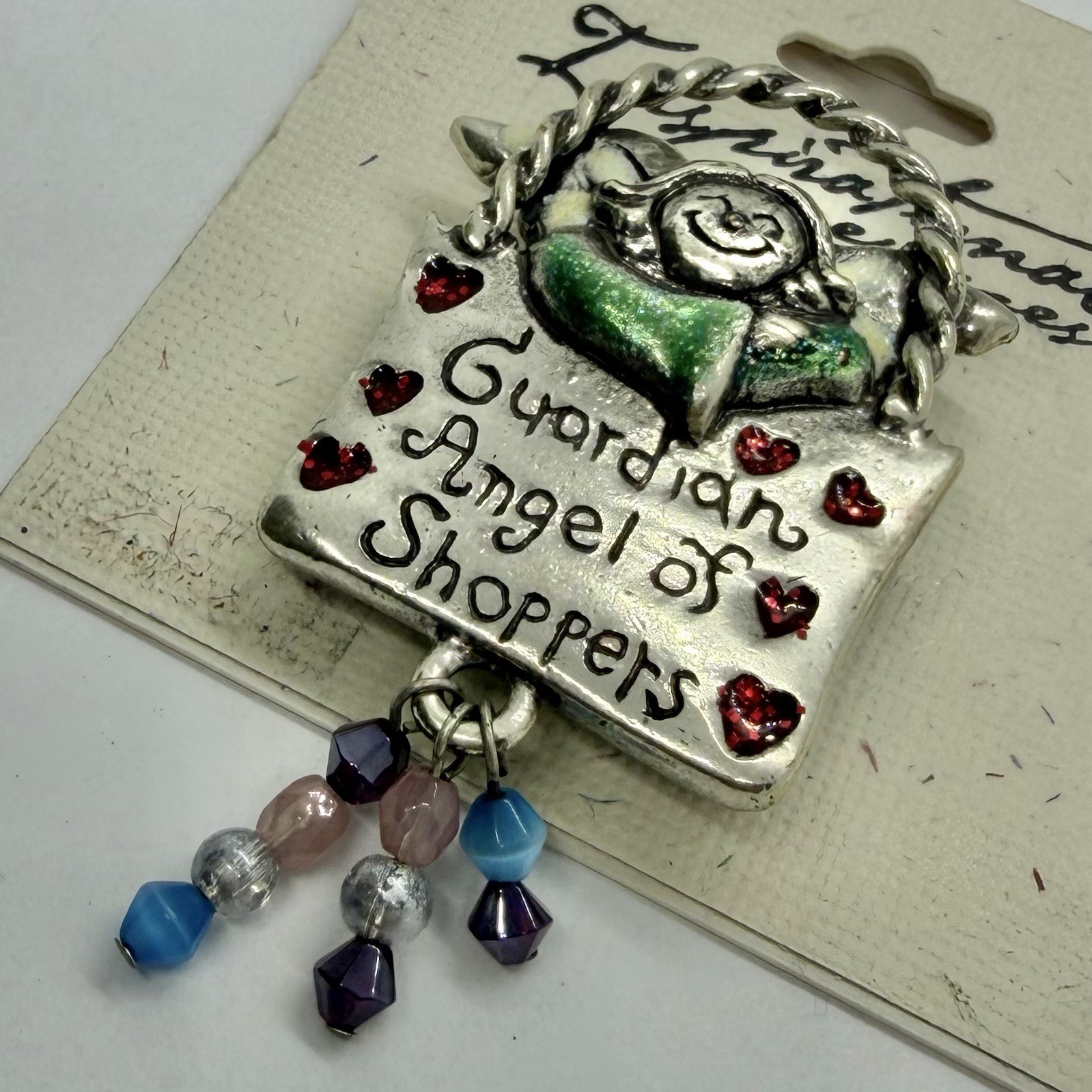 Vtg Signed 90’s Hearts Guardian Angel Shopping Brooch Dangle Glass Bead AJMC NEW