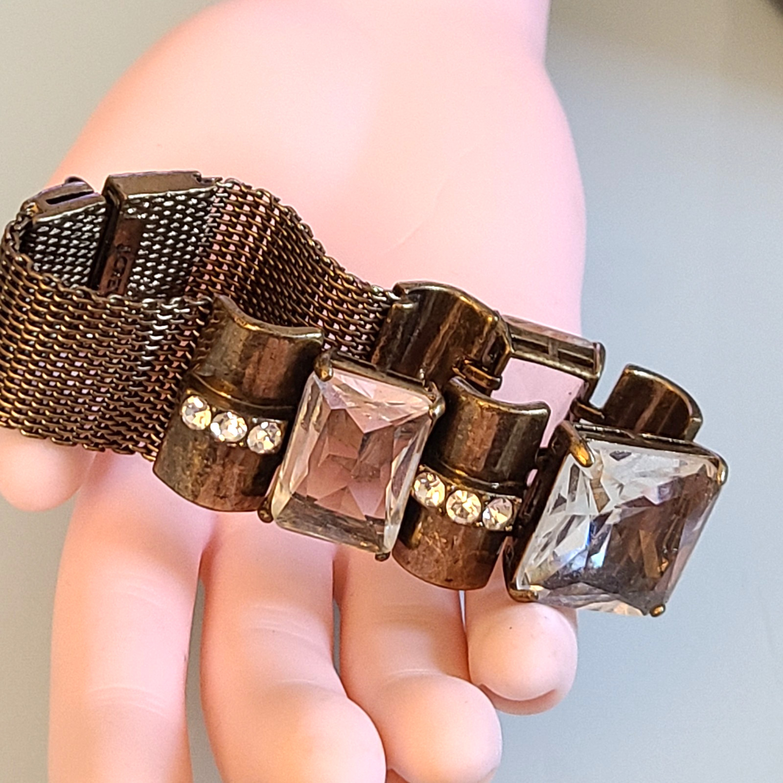 J. Crew Bronze Mesh Statement Bracelet WITH HUGE SQUARE AMAZING CRYSTALS VINTAGE
