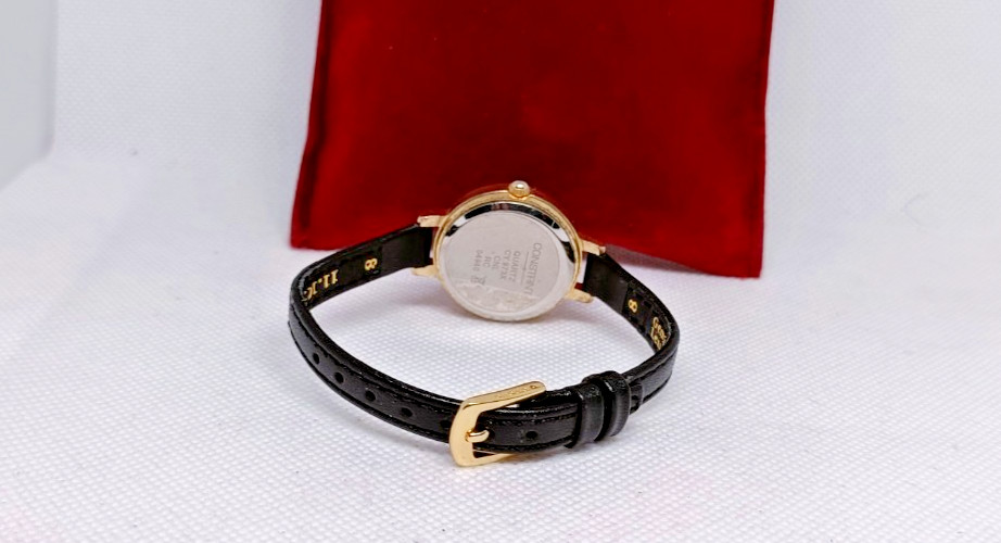 CONSTANT Women’s Gold Tone Black Leather Strap Quartz Watch – Working