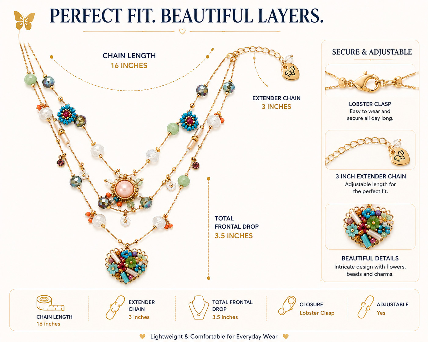 Women’s Butterfly Heart Layered Necklace Adjustable Chain Boho Gold Tone
