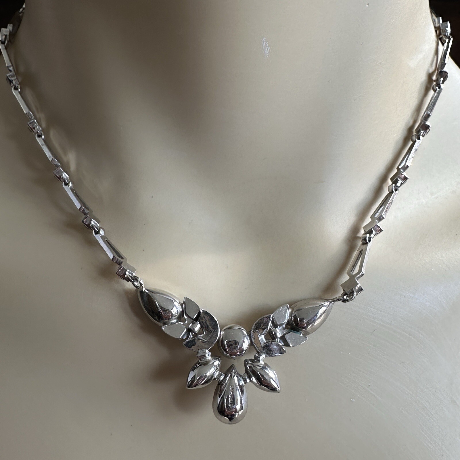 VTG Engel Brothers Art Deco Link Necklace 15 Inch Clear Blue 925 Sterling 16.8g