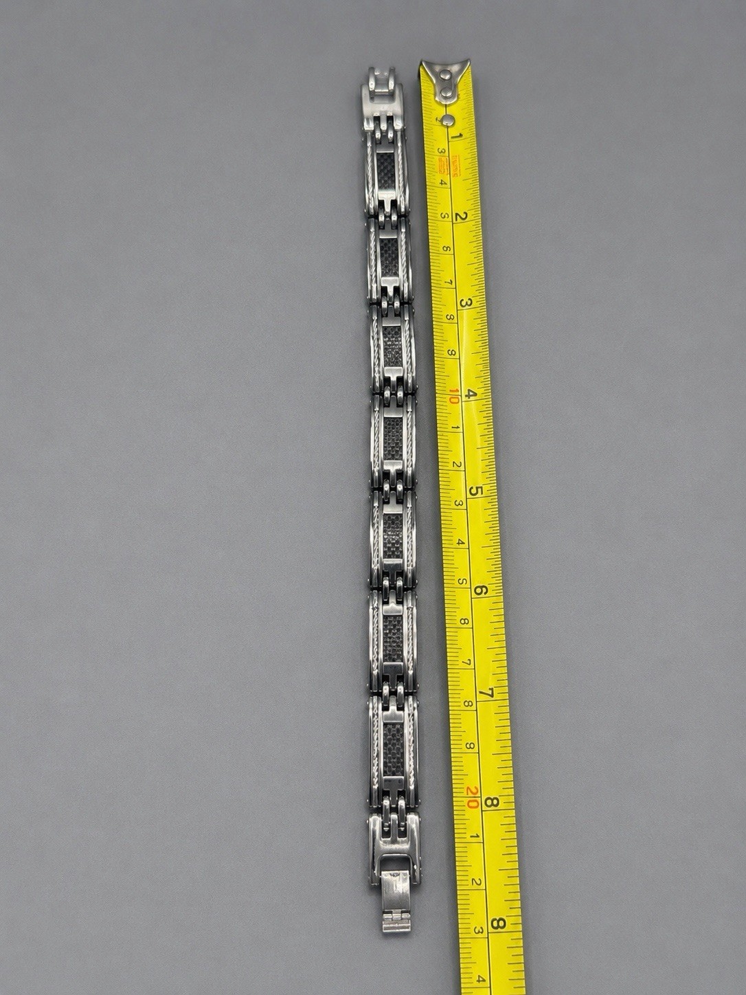 Stainless Steel Bar Link Bracelet Silver/Black Fold-Over Clasp 8 in