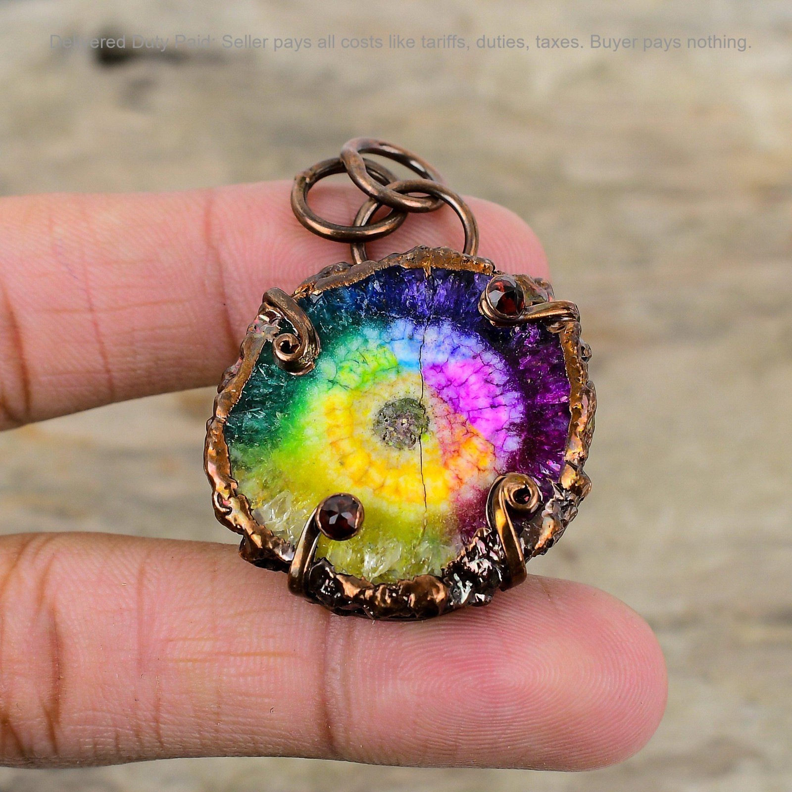 Copper Round Rainbow Solar Quartz Druzy Gemstone Electroformed Pendant Jewelry