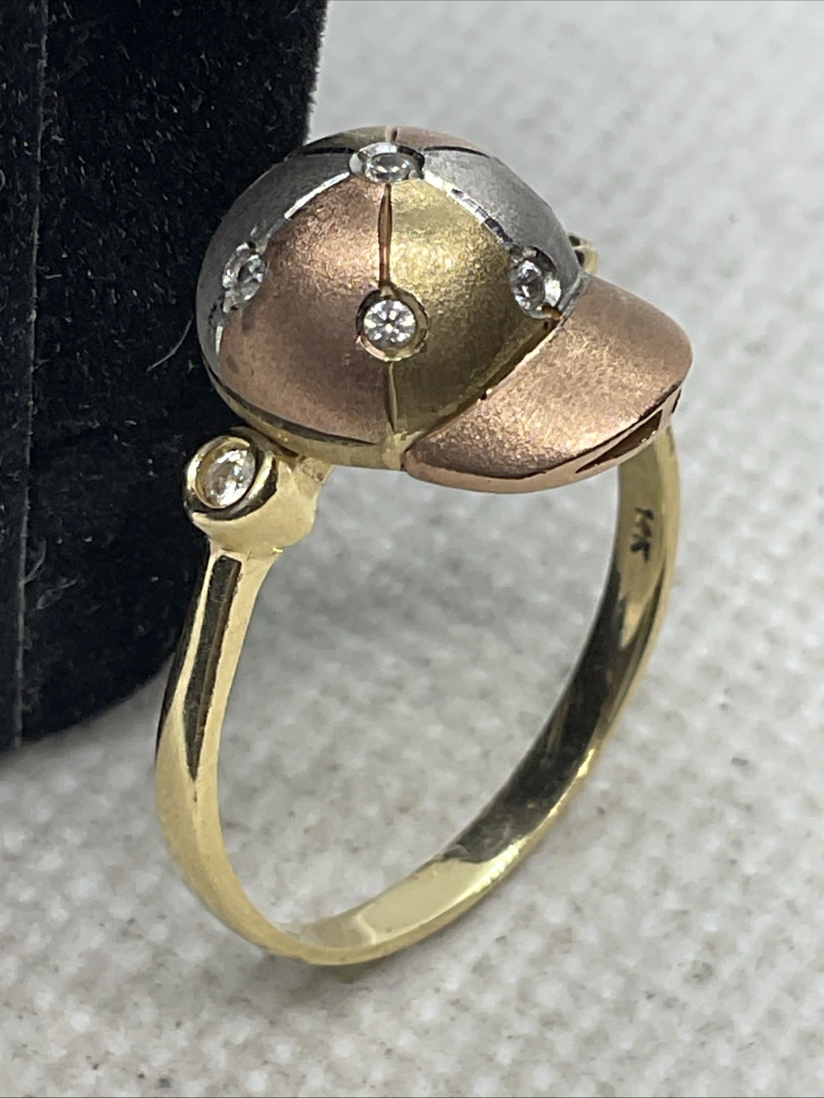 HANDMADE Solid 14K Tricolor Gold White CZ DOME Style ROTATING BASEBALL CAP Ring