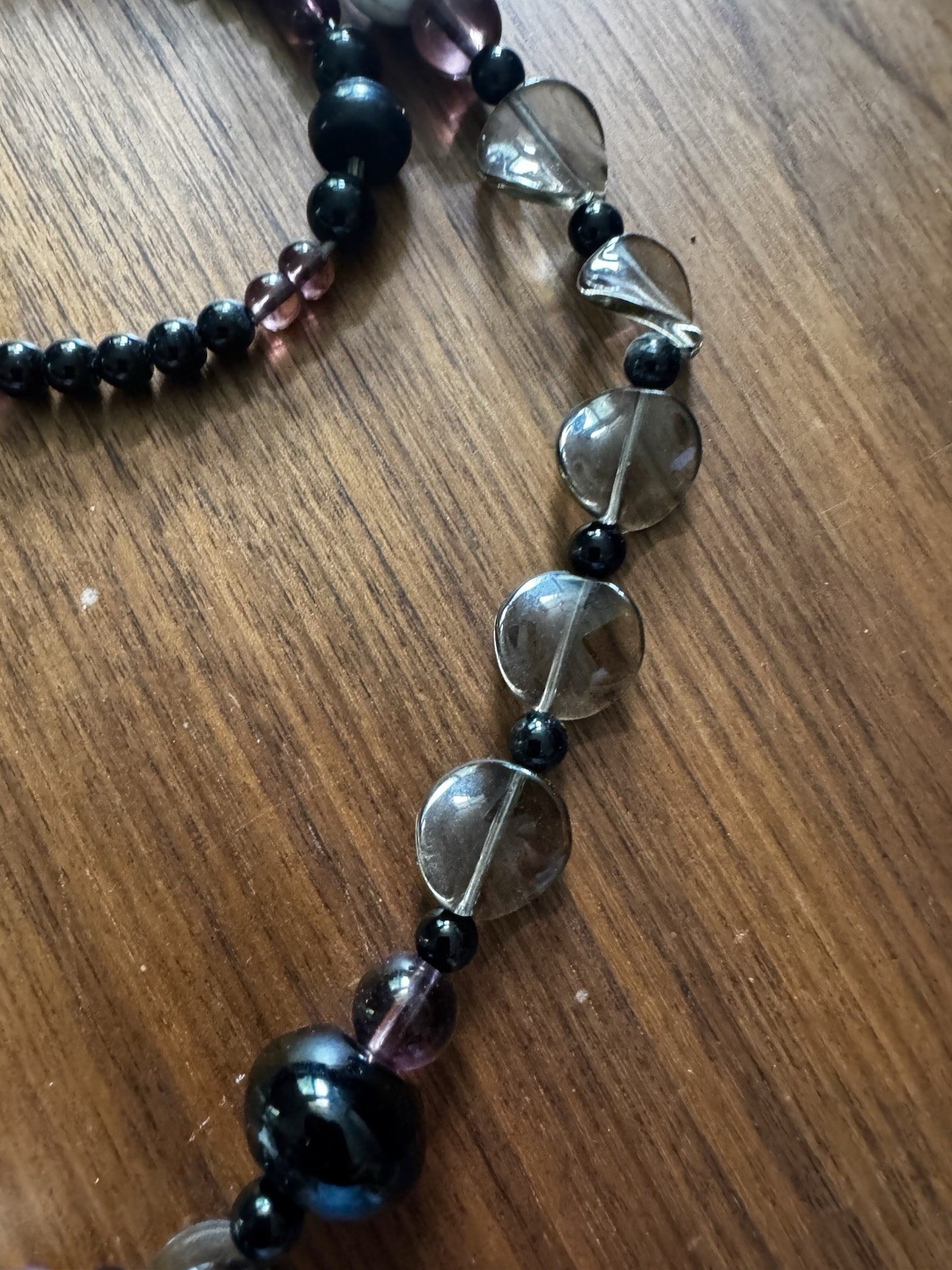 Beautiful Beaded Glass Necklace, Black White Purple Gray, Asymmetrical Charm