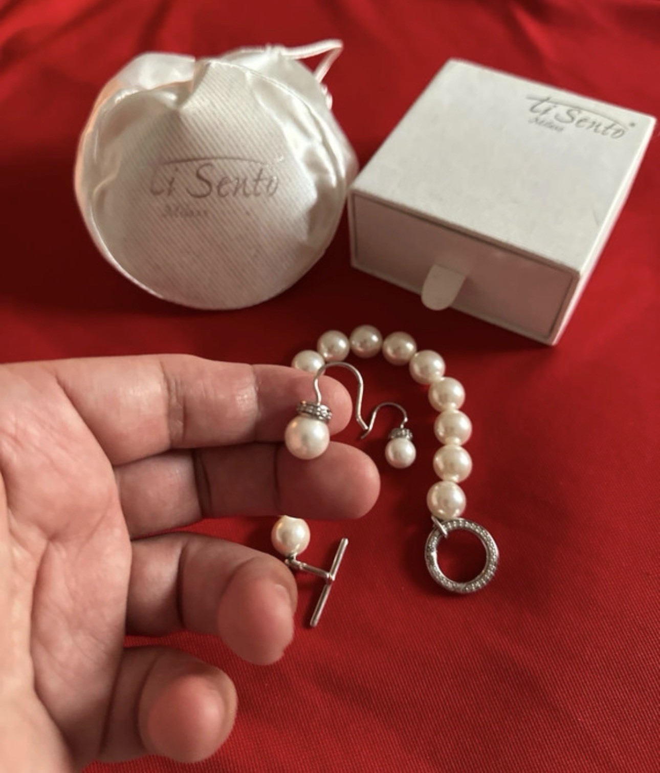 Ti Sento Milano pearl jewelry set sterling silver bracelet & drop earrings pavé