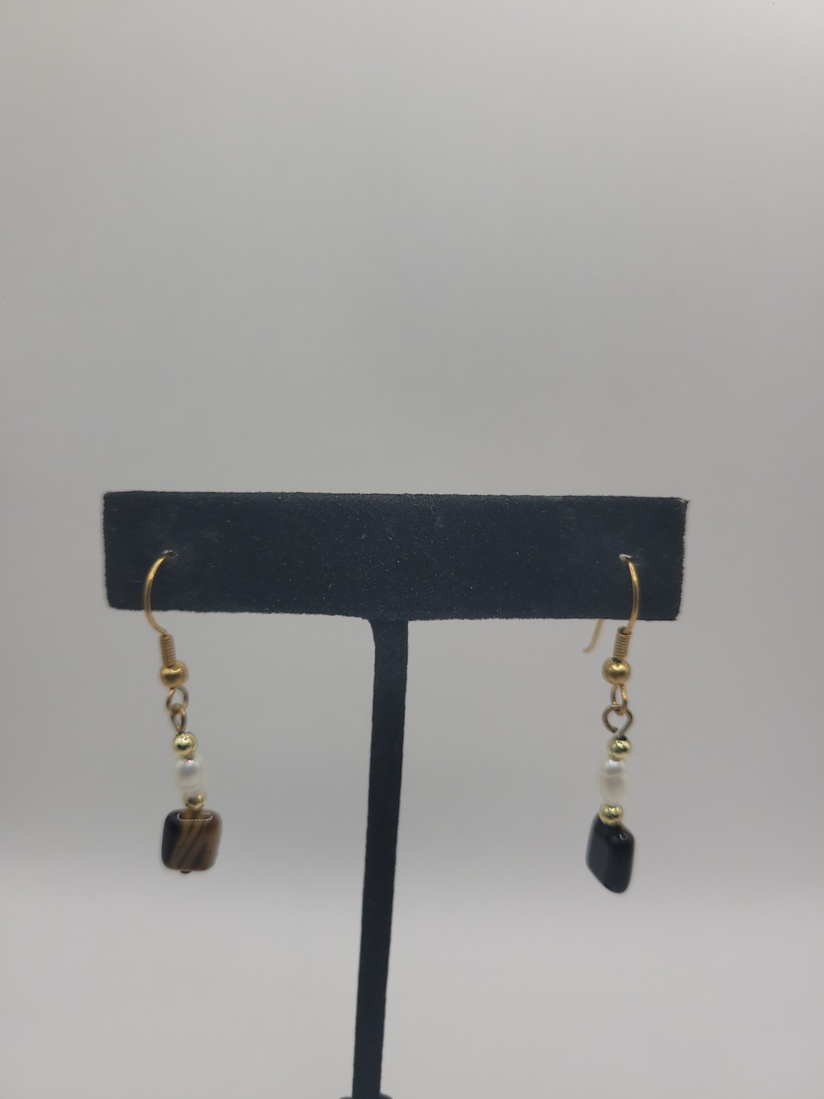 Handmade Brown Black & White Beaded Dangle Earrings Gold Tone Fishhook Boho