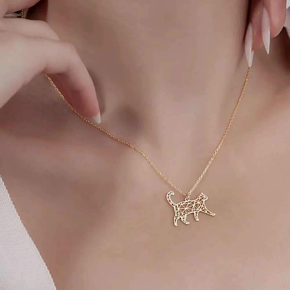 Cute Hollow Cat Necklace for Women Men Stainless Steel Silver Color Animal Pet C