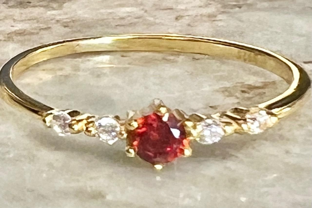 REAL Ruby & DIAMOND 14K Y Gold on Solid 925 Minimalist thin dainty ring SZ 5 1/4