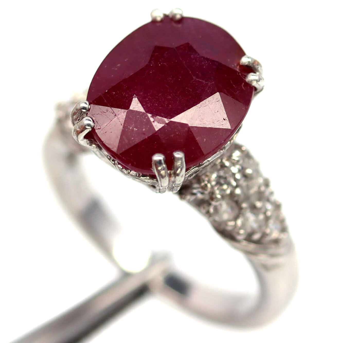 Gemstone 11 x 13 MM. Red Ruby & White Zircon Jewelry Ring 925 Silver Size 7.75