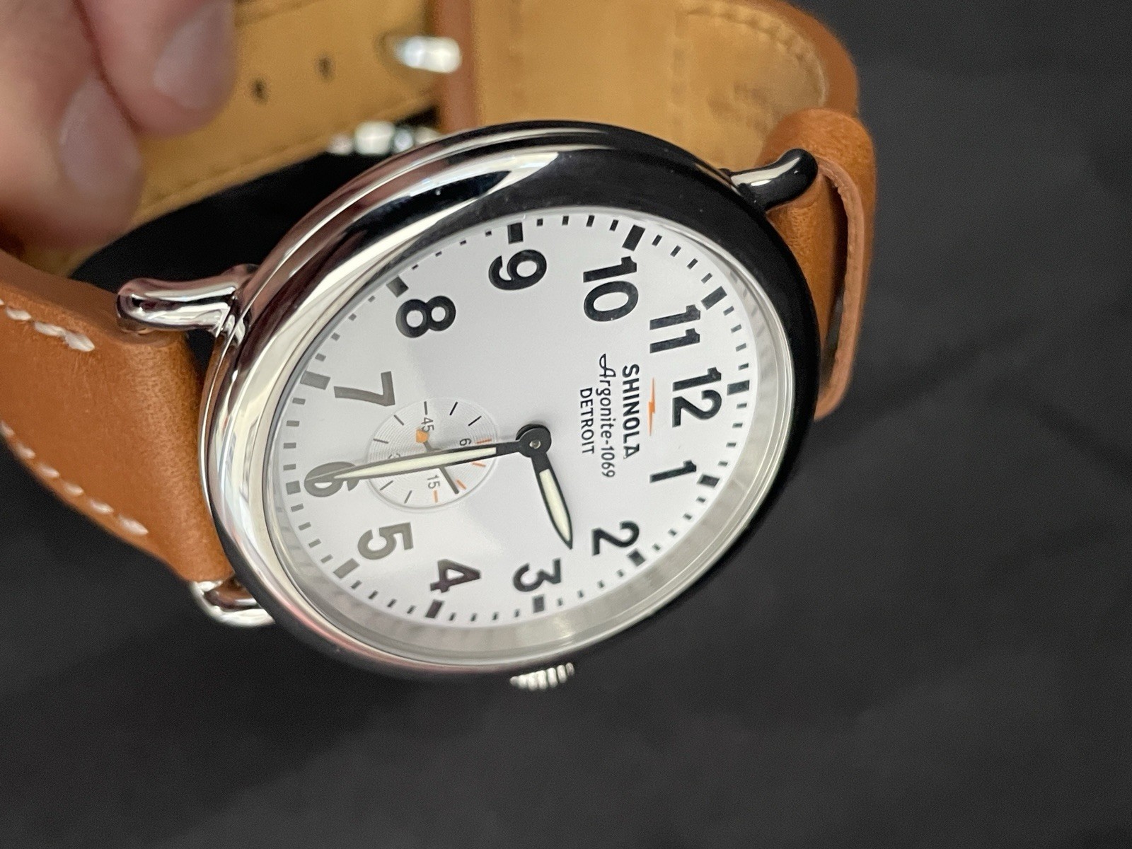 Men’s Shinola Runwell Argonite 1069 Cream Dial Brown Strap Quartz Watch 47mm NWT