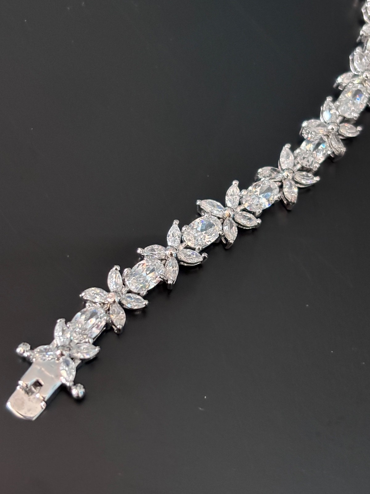 VTG Sterling Silver Bracelet Flower Oval Clear CZ 7.25 inches (Plus Necklace)