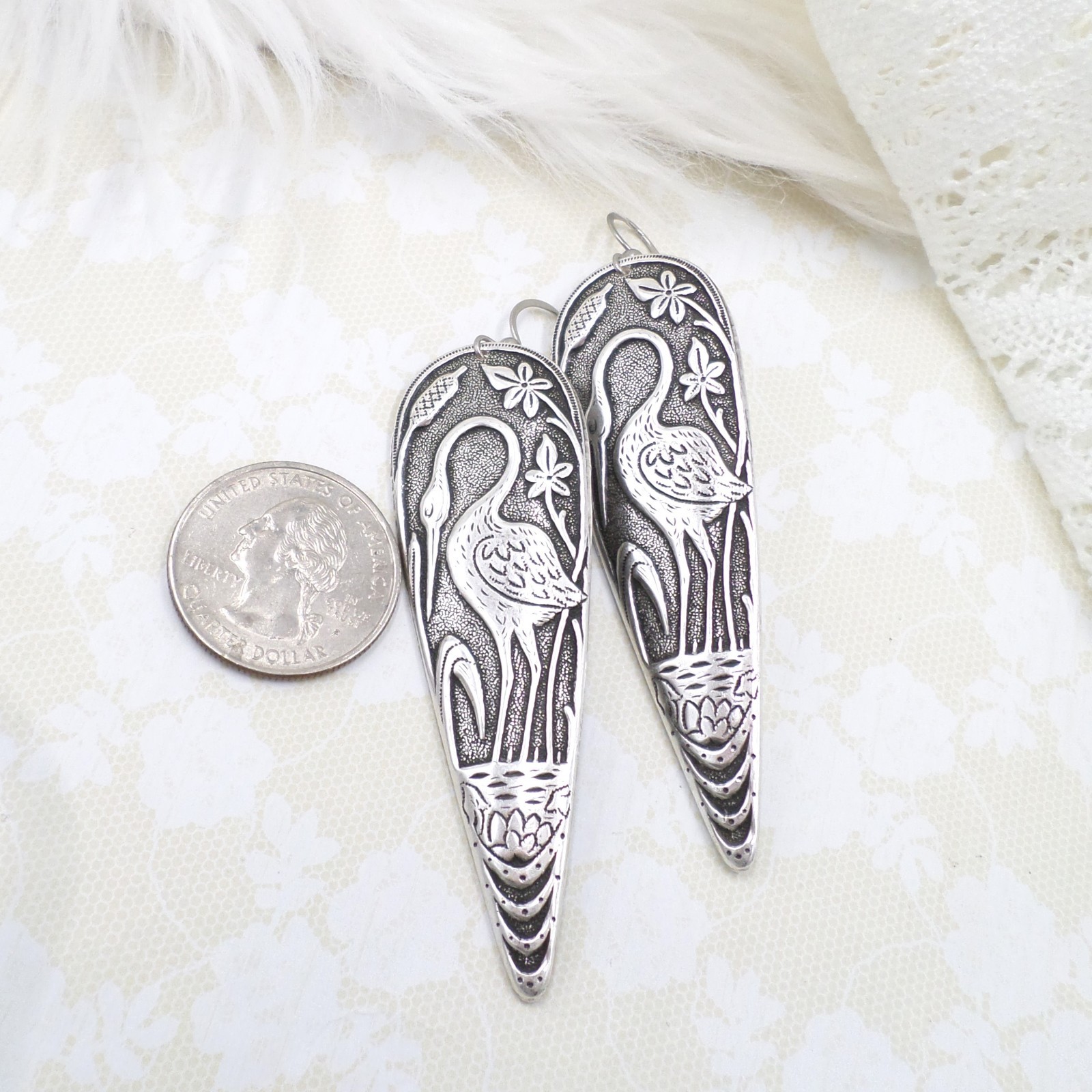 Antique Silver Plated Crane Statement Earrings, Heron Jewelry Gift For Women