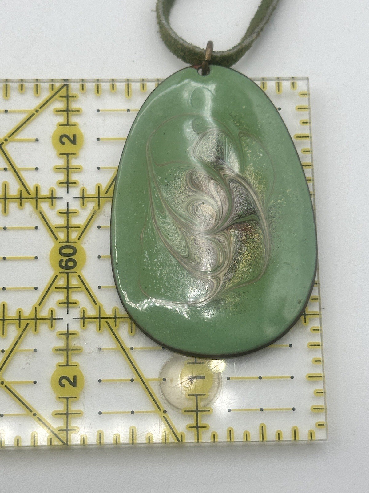 Wearable Art Necklace Enamel On Metal Pendant Dual Sided On Green Leather