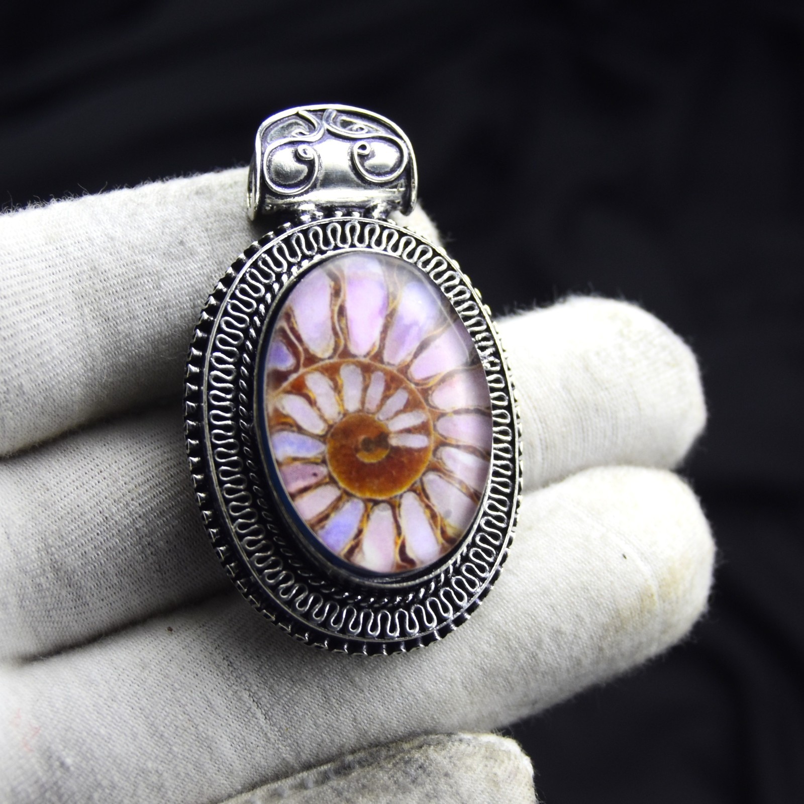 925 Sterling Silver Ammonite Fossil Gemstone Pendant Handmade Jewelry Size-1.75″