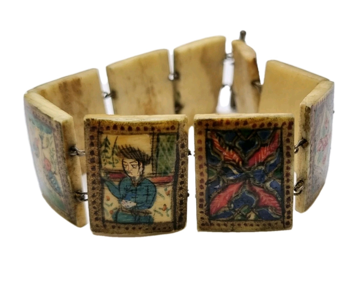 Antique Eastern European Folk Art Bone Panel Bracelet, Sterling Silver, c.1900