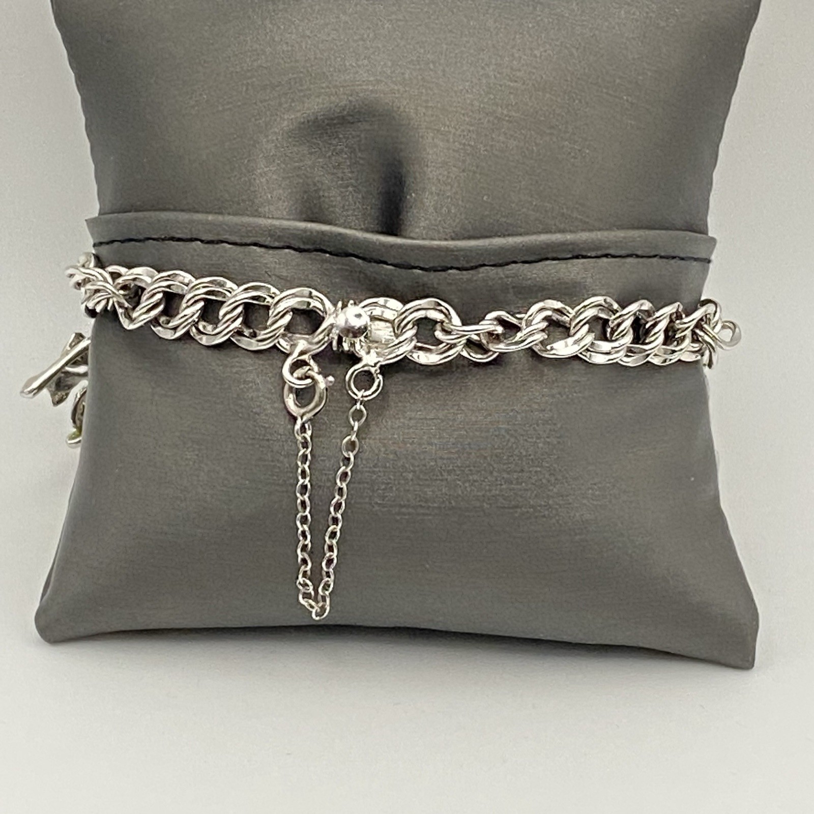 Vintage 70’s Sterling Silver 7″ Variety Charm Bracelet Double Link Safety Chain
