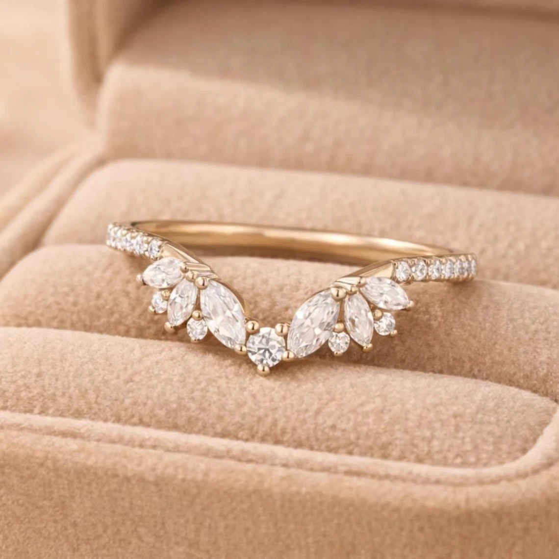 V Shape Women’s Stacking Band Ring Lab Created Diamond 14K Yellow Gold Plated