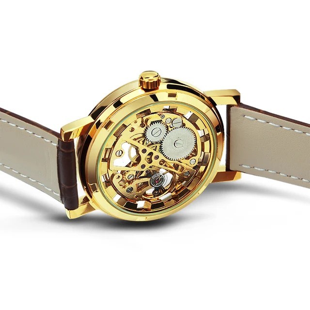 Jacob Transparent Gold Skeleton Mechanical Watch Casual Leather Strap Men