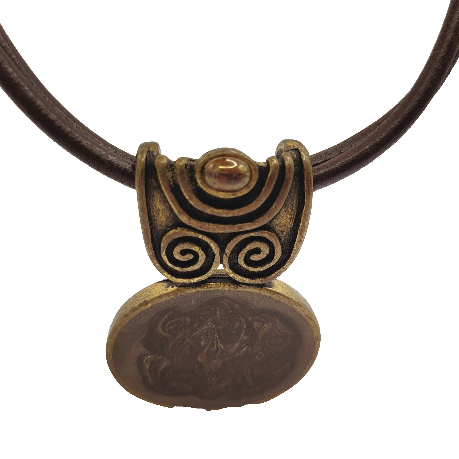 Chico’s Bronze Tone Enamel Medallion w Amber Glass Pendant Necklace Faux Leather