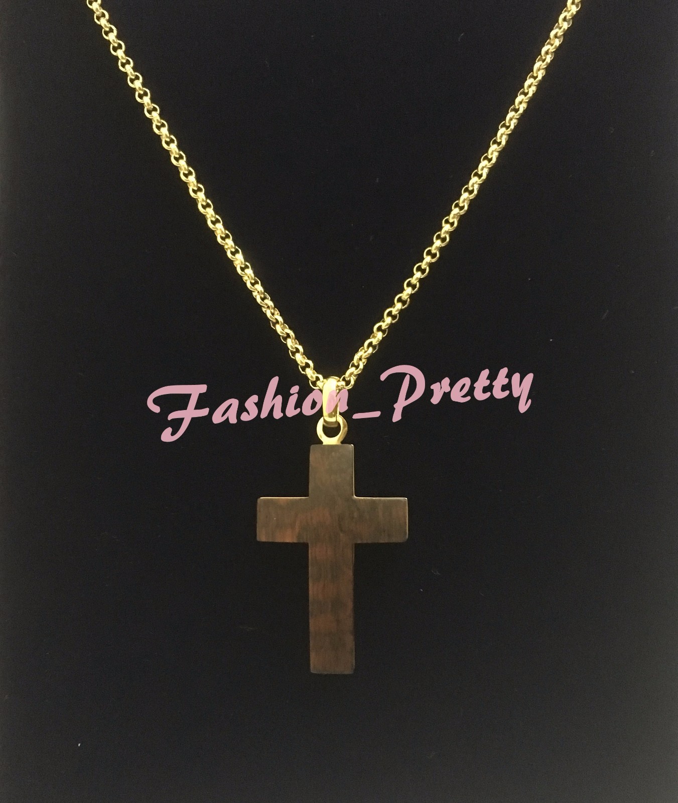 SUPER PRETTY WOOD AND GOLD PLATED STAINLESS STEEL CROSS NECKLACE, 24 INCHES