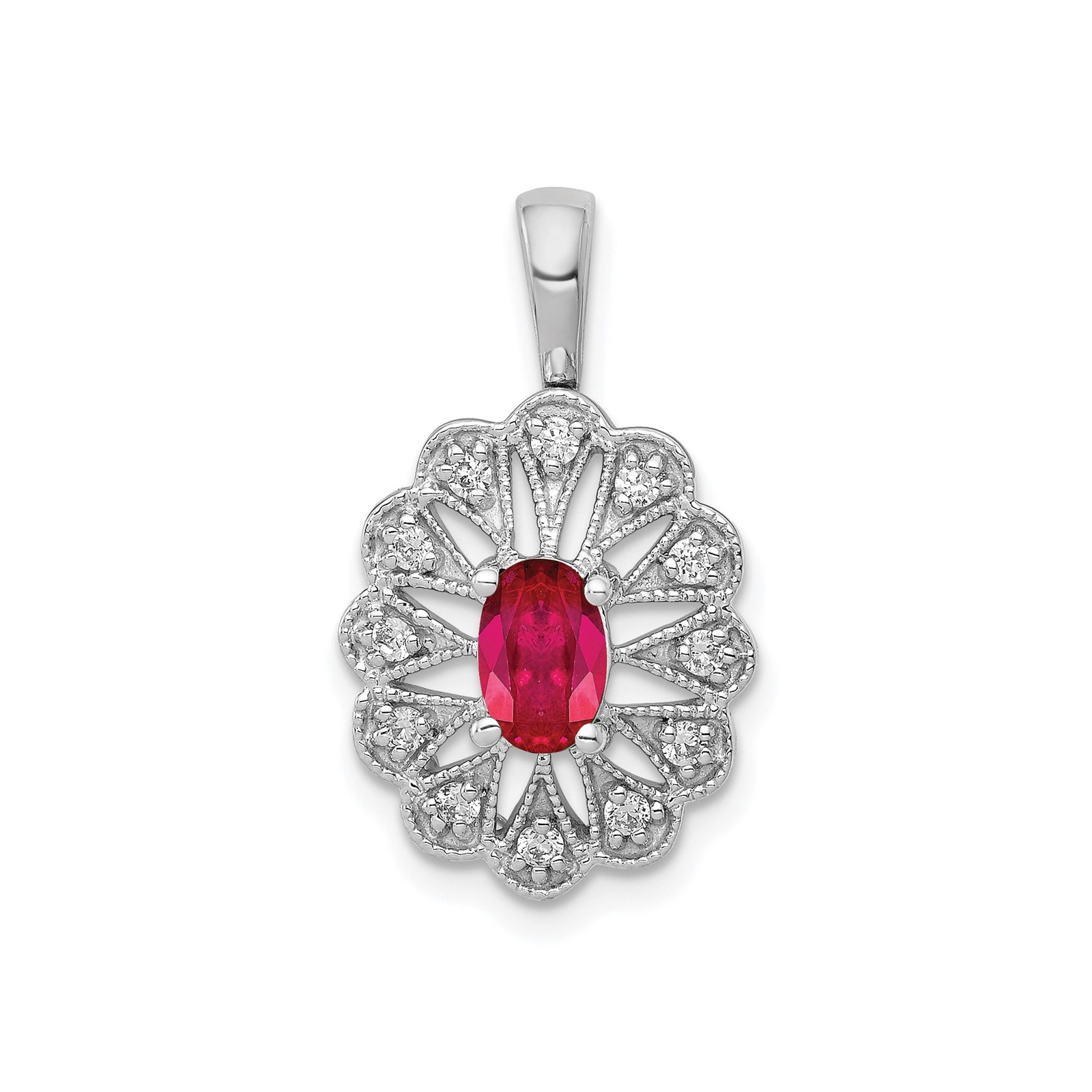 14k White Gold 1/6 carat Diamond and Oval Ruby Fancy Pendant Necklace Womens