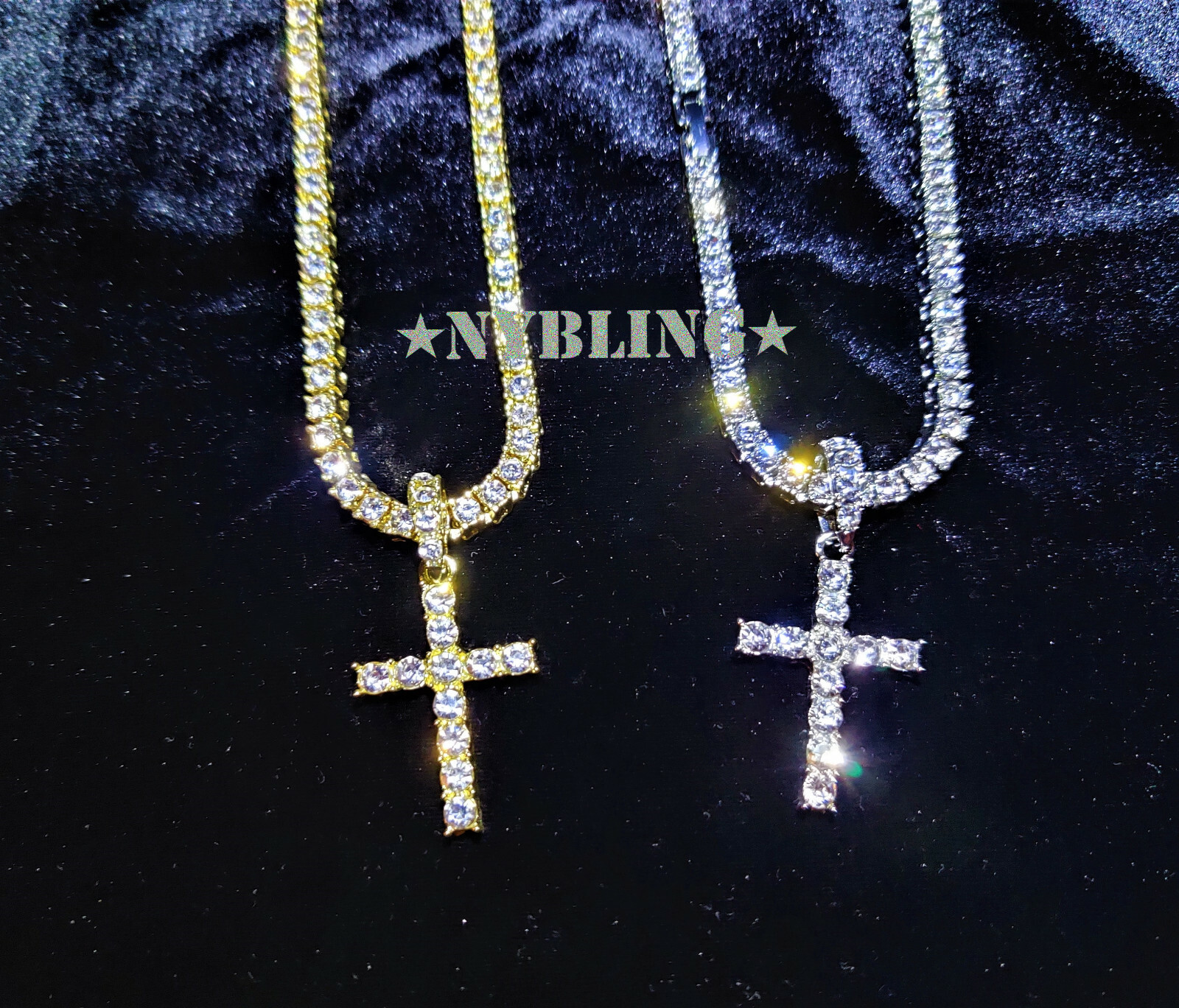 14k Gold Plated Tennis Chain Cross Pendant CZ Choker Necklace ICED Jewelry 5MM