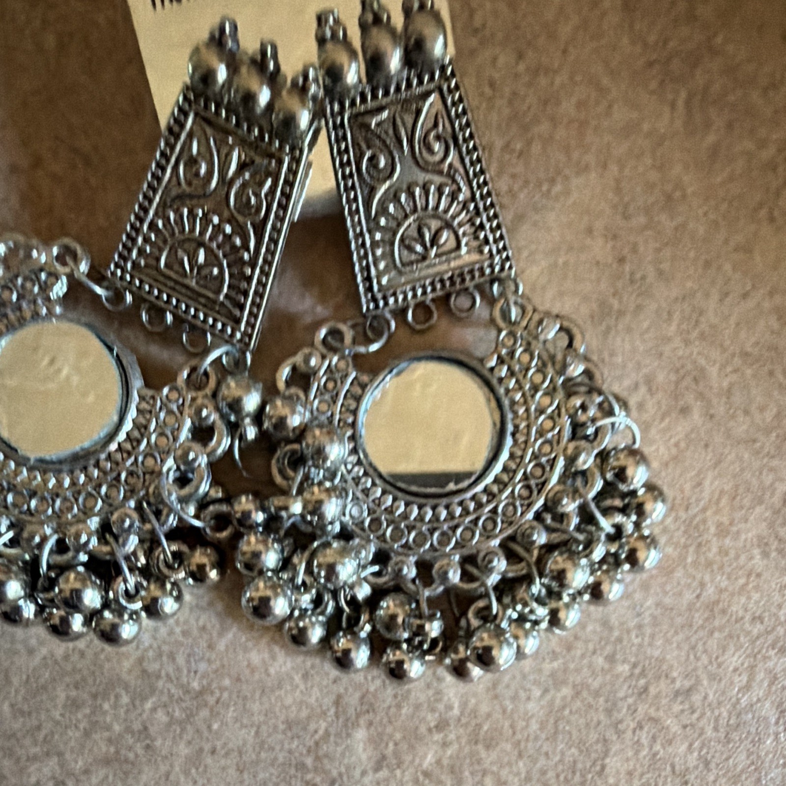 Silver Tone Mirror Disc Dangle Drop Earrings Round Bezel Set Butterfly Back