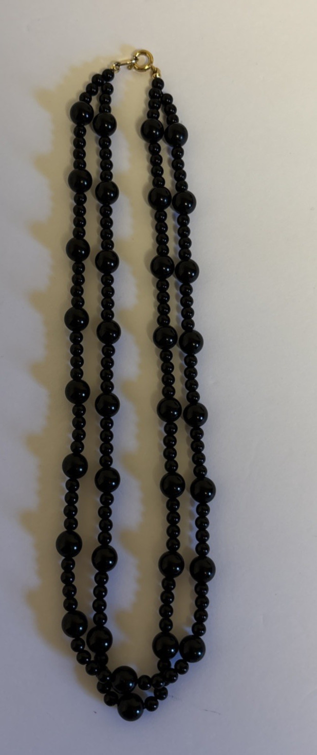 Vintage TRIFARI Double Strand Black Bead 16.5″ Long Necklace Spring Ring