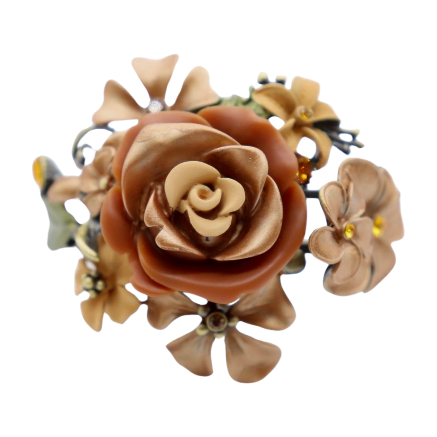 Women Antique Gold Metal Beige Brown Rose Flowers Cuff Bracelet Fashion Jewelry