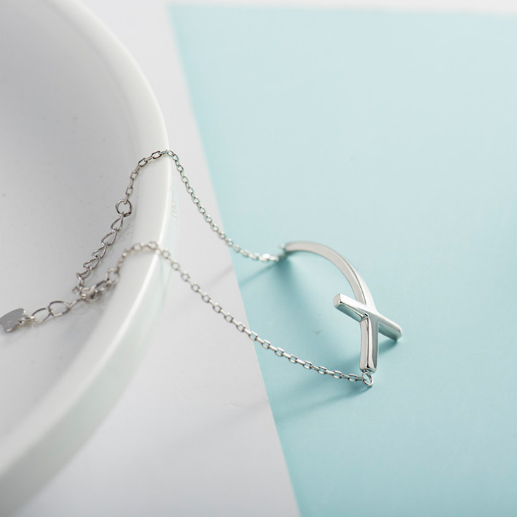 S925 Sterling Silver Concise Sideways Cross Bent Bracelet 7.5inch Women Gift PE3
