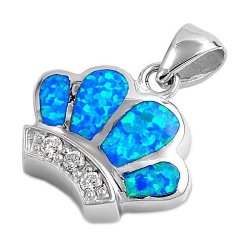 925 Sterling Silver Queen Crown Hawaiian Blue Opal Cubic Zirconia Charm Pendant