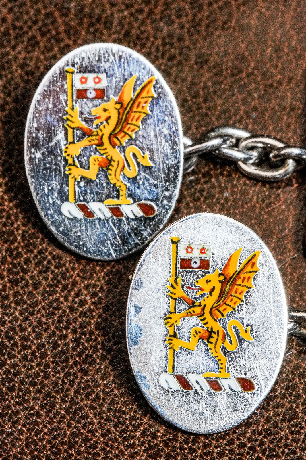 Striking Hand Painted Enamel Sterling Silver Antique English Cufflinks Armorial