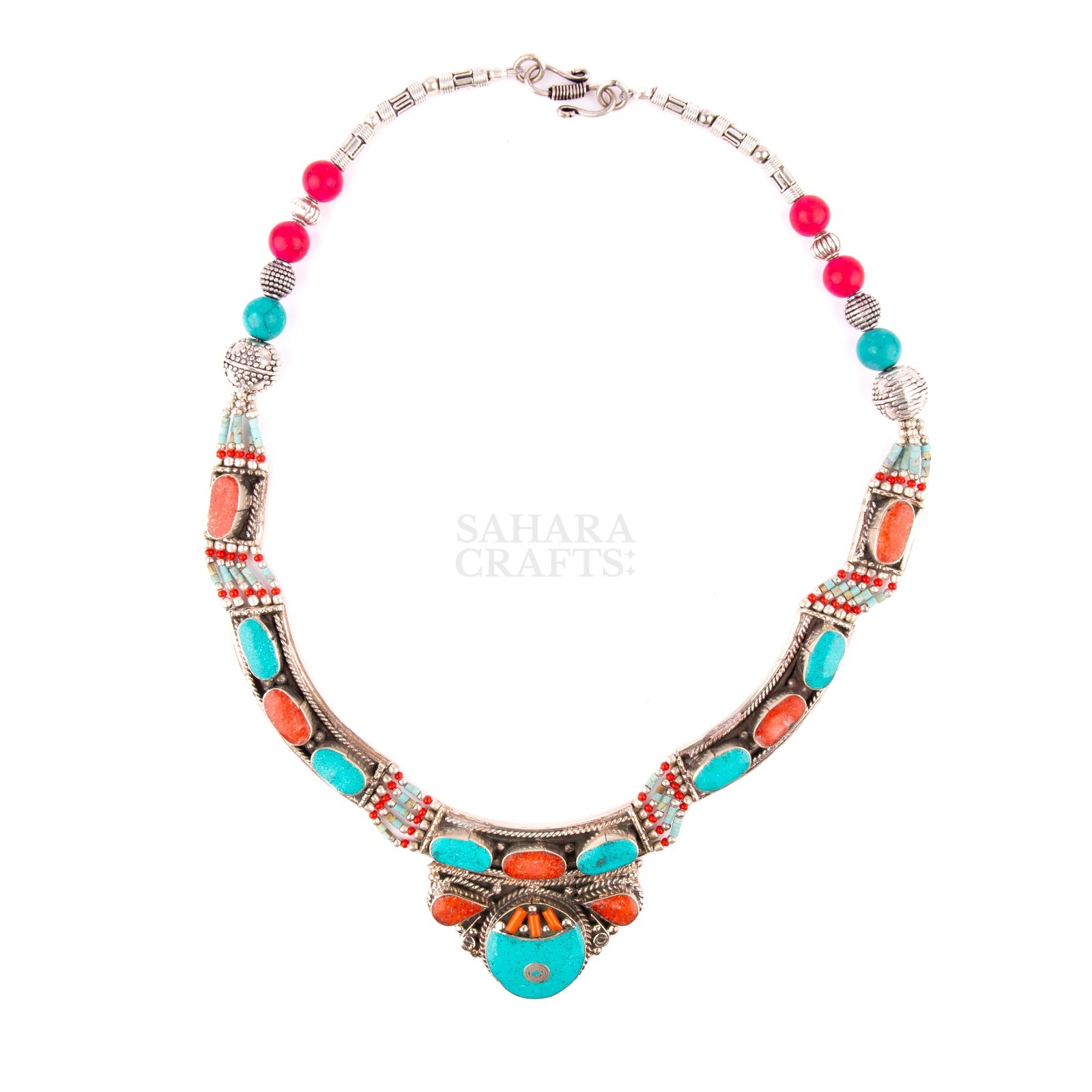 Tibetan Necklace Turquoise Coral Gemstone, Handmade Antique Tribal Statement