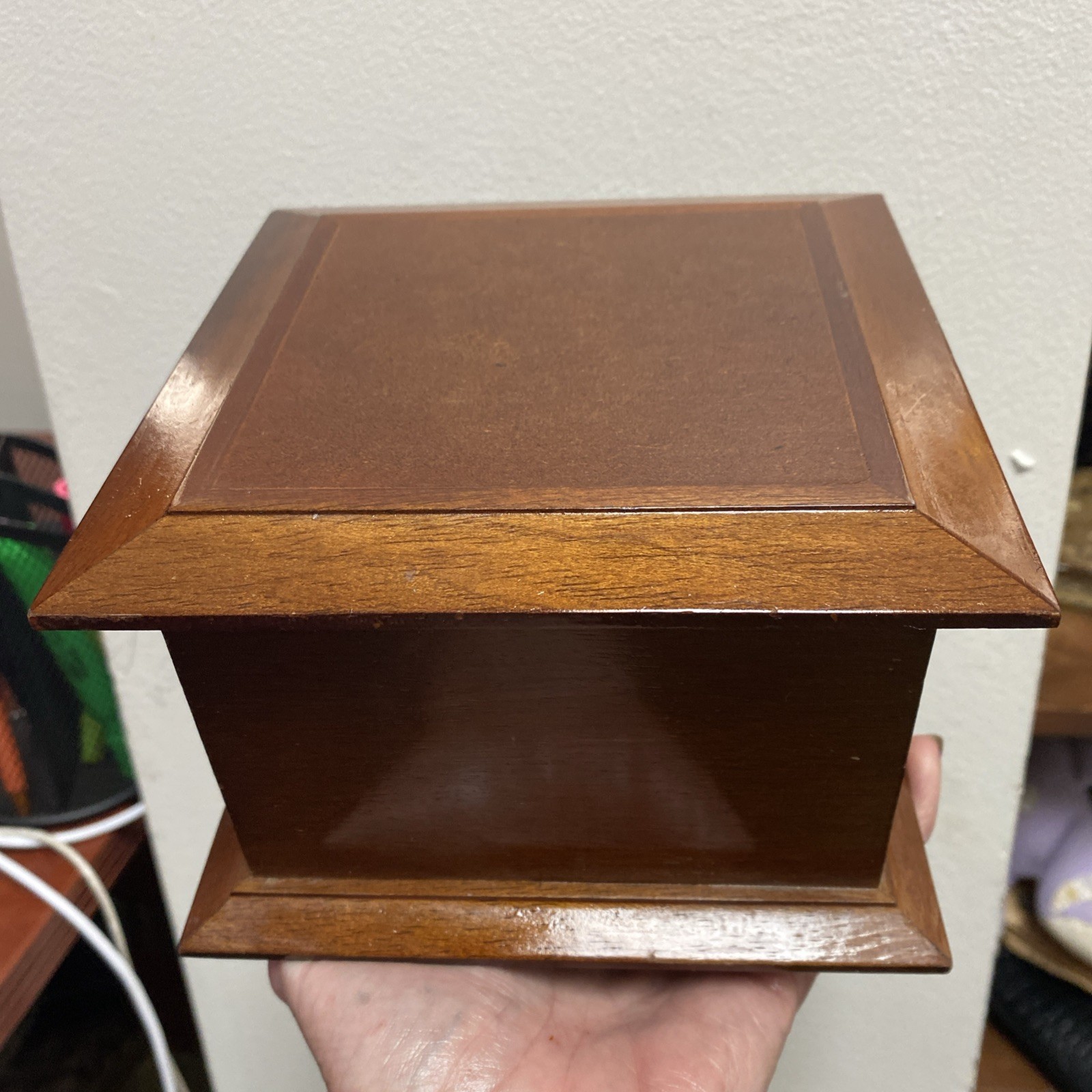 Wooden Jewelry Box 6x6x4″ Hinged Lid Two Levels Mirror Green Velvet Interior