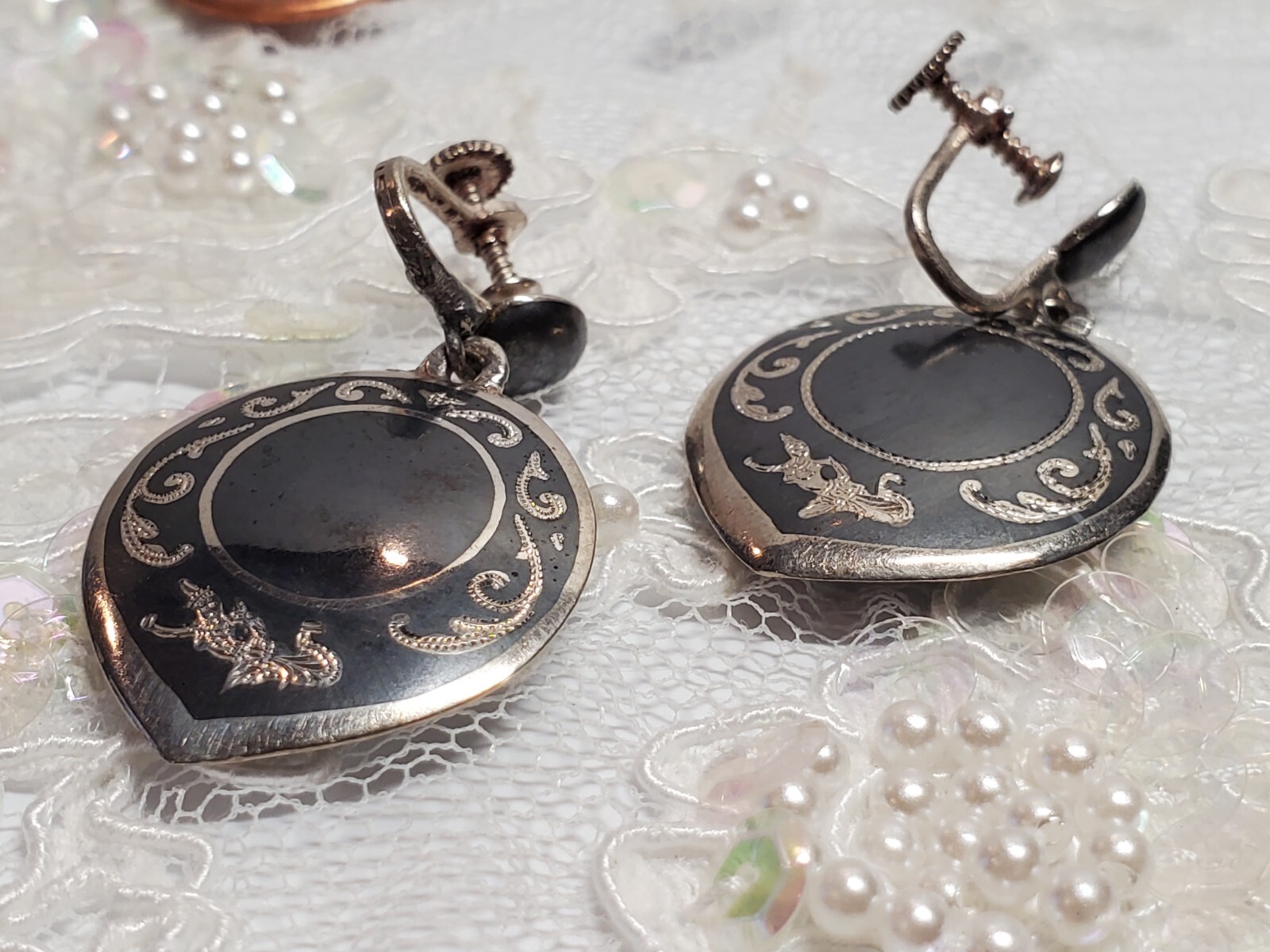 Vintage SIAM Sterling Silver Black Enamel Nielloware Non Pierced Earrings 11.5gr