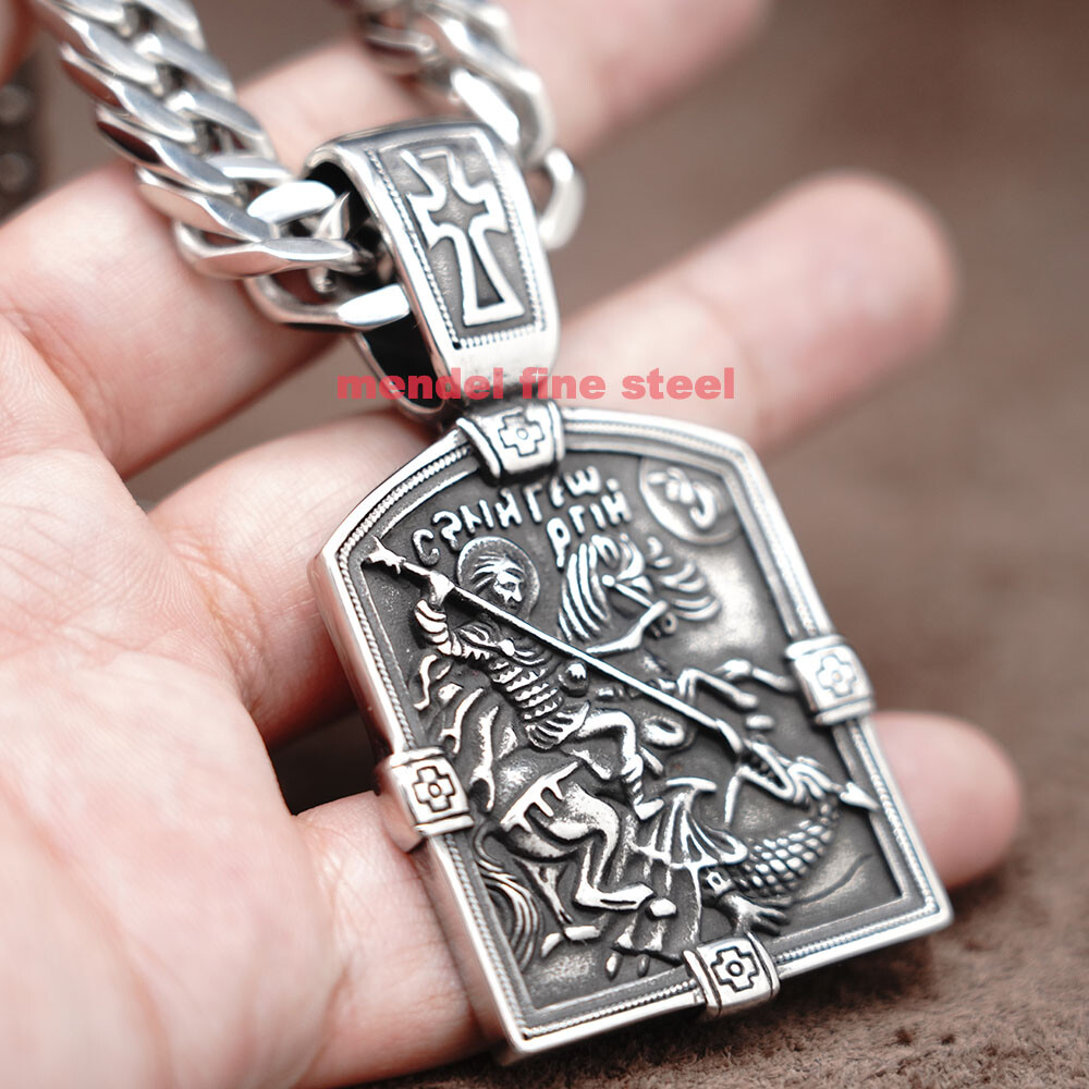 MENDEL Huge Big Hip Hop Cuban Link St George Dragon Cross Pendant Necklace Chain