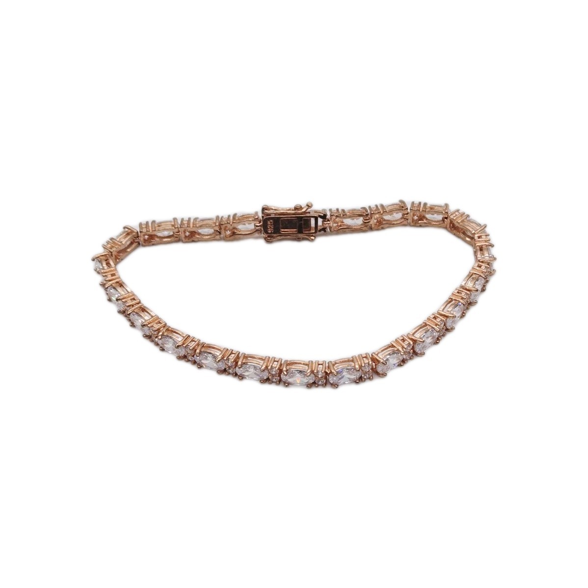 Tennis Bracelet White Oval Crystal rhinestone signed 925 Rose Gold tone 7.25 in