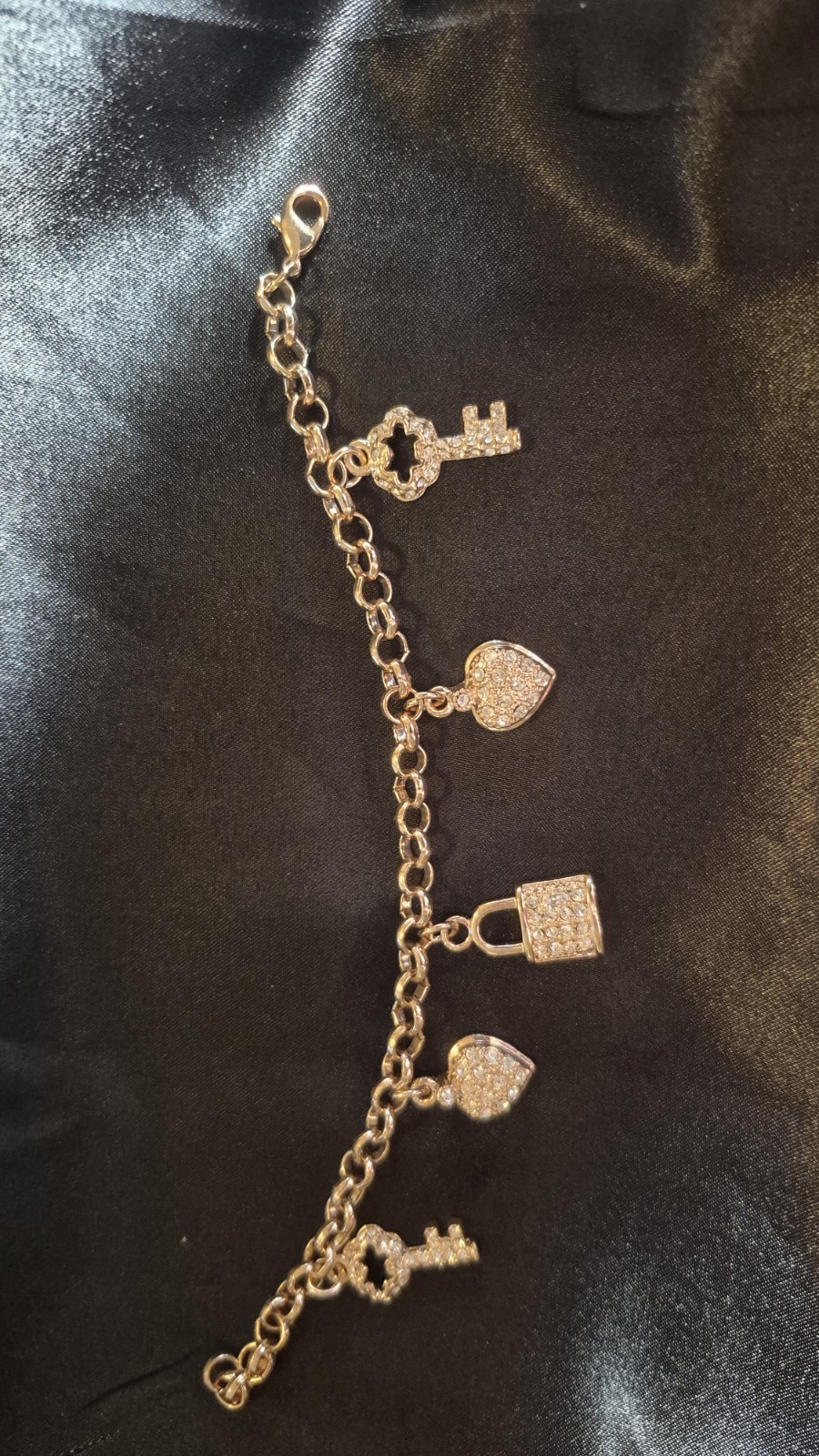 Fallon Jewelry Gold Tone Pave Rhinestone Lock Heart Key Charm Link Bracelet Vtg